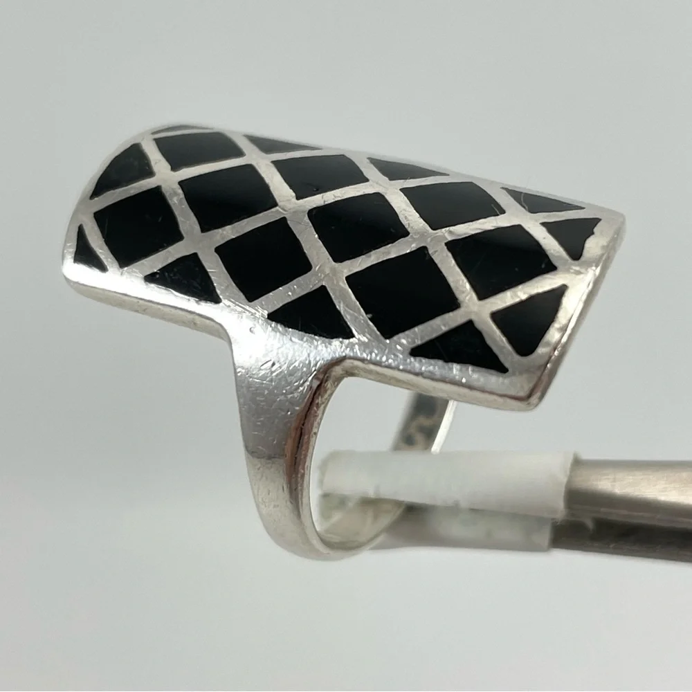 Vintage CFJ 925 Sterling Silver Black Onyx Ring Art Deco Geometric Band